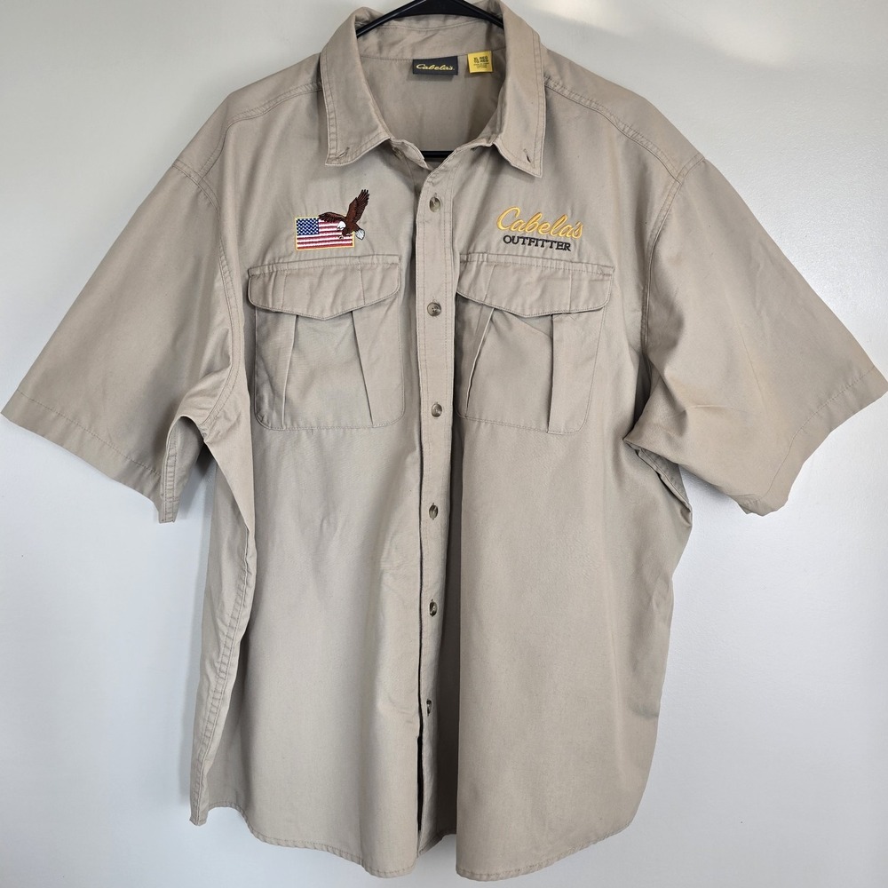 Cabela's Shirt Men's‎ XL Logo Employee Button Down Workwear British Tan Flag.C02